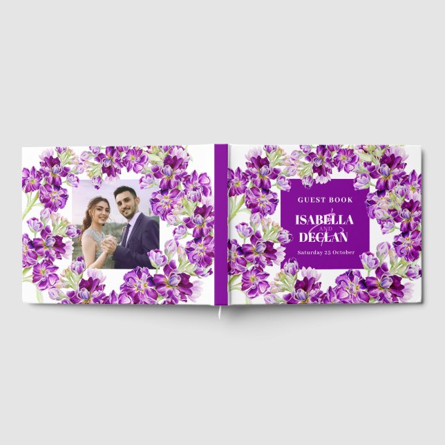 Libro De Visitas Bolsa morada de flores doradas boda foto (Lleno)
