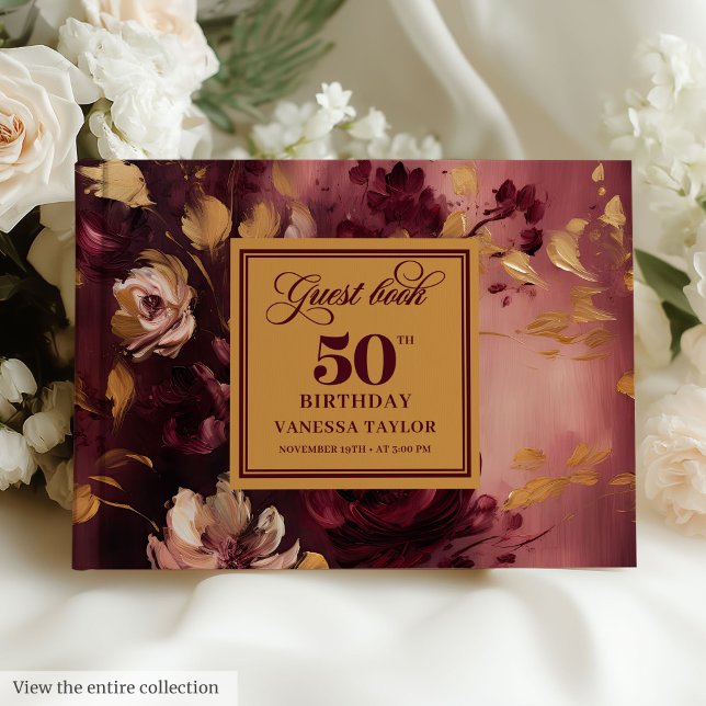 Libro De Visitas Bonita Boho Maroon Rubor Gold Floral 50 cumpleaños (Lovely Boho Maroon Blush Gold Floral 50th Birthday Guest Book)