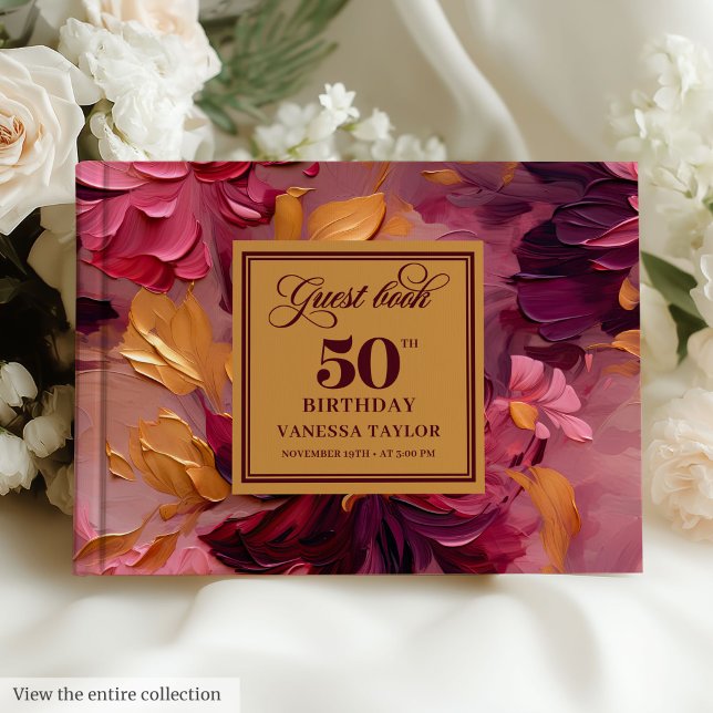 Libro De Visitas Bonita floral dorada Rubor rojo oscuro 50 cumpleañ (Lovely Dark Red Blush Gold Floral 50th Birthday Guest Book)