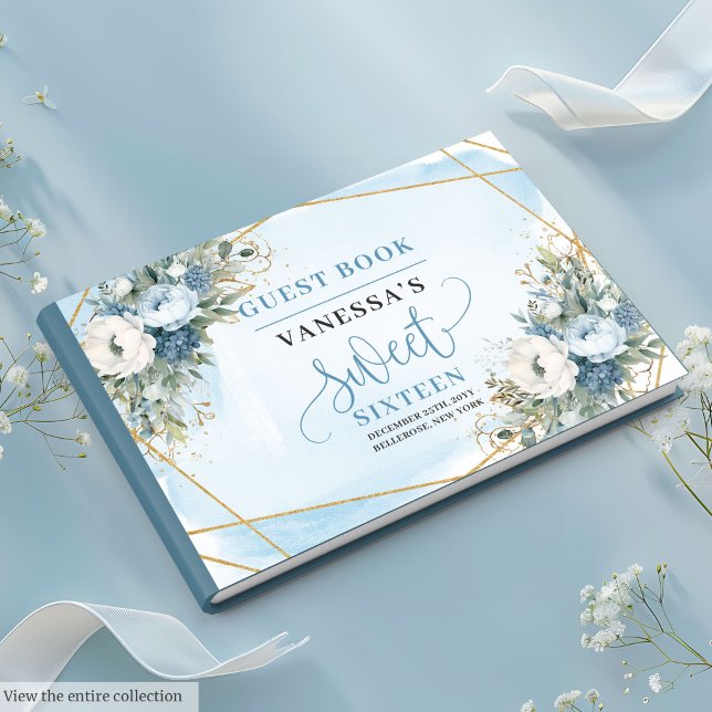 Libro De Visitas Bonitas melancólicas azules dulces dieciséis (Lovely Dusty Blue White Peonies Sweet Sixteen Guest Book)