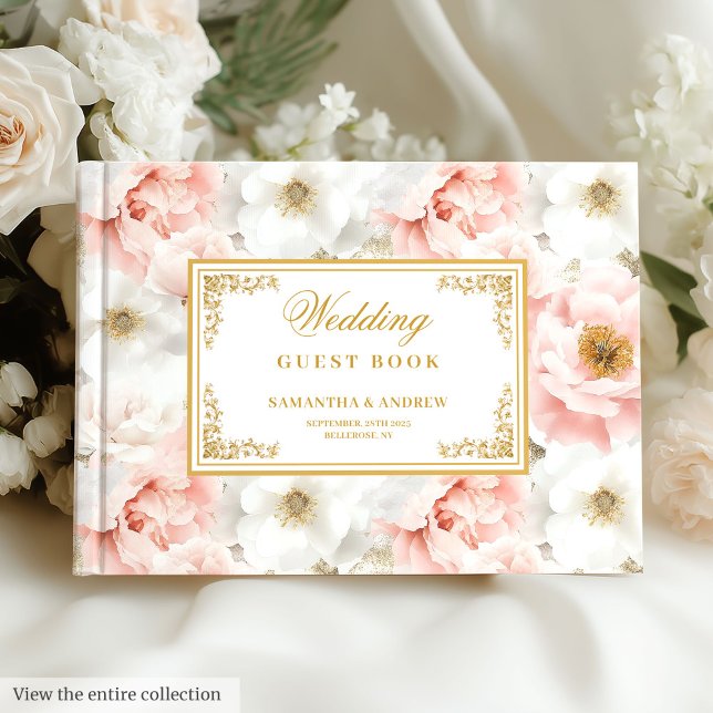 Libro De Visitas Bonito acuarela flores rosa claro boda dorado (Pretty watercolor light pink flowers gold wedding Guest Book)
