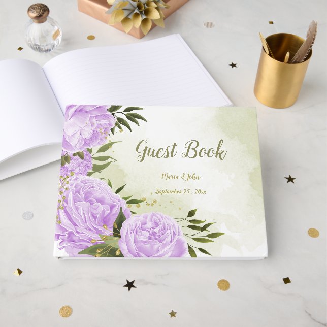 Libro De Visitas bonito flores púrpuras hojas verdes botánicas (Anverso Abierto)