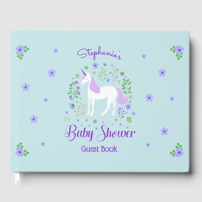 Libro De Visitas Bonito Unicorn Purple Aqua Baby Shower (Anverso)