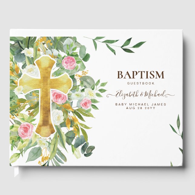 Libro De Visitas Bonito Verde Oro cruzado Baptismo Christening (Anverso)