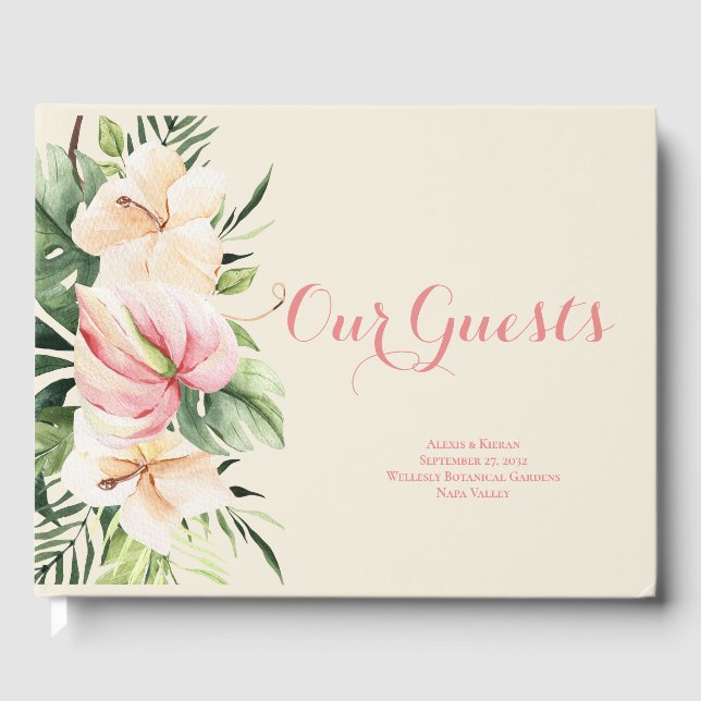 Libro De Visitas Boo de invitados Floral Tropical Plumeria & Flamin (Anverso)