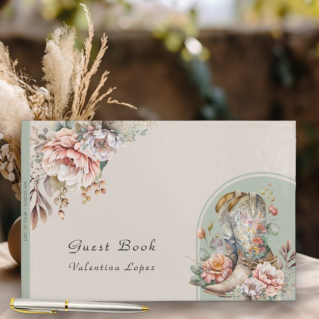 Libro De Visitas Boots Boot Floral Quinceanera (Guest Book from my Boho Floral Cowgirl Boots Quinceanera Collection)