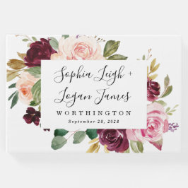 Libro De Visitas Borgoña Boda de Boho de Floral de oro rosa color r