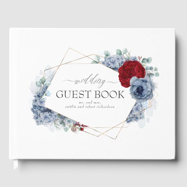 Libro De Visitas Borgoña Boda floral rojo y azul turbio (Anverso)