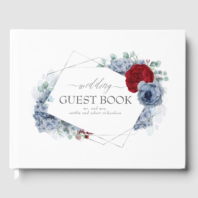 Libro De Visitas Borgoña Boda floral rojo y azul turbio (Anverso)