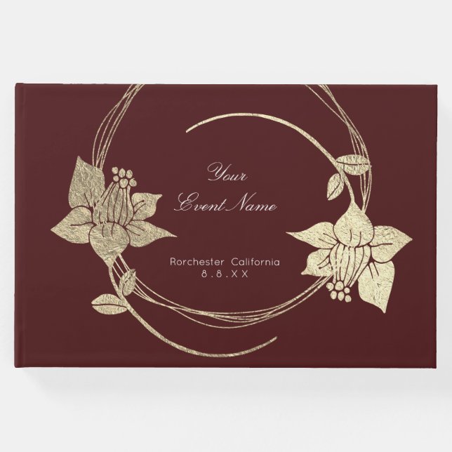 Libro De Visitas Borgoña Maroon Champaign Gold Floral Wreath Lux (Anverso)