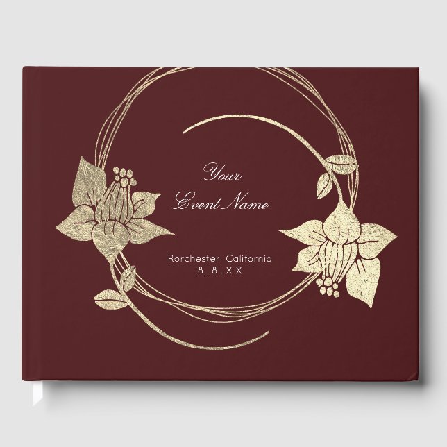 Libro De Visitas Borgoña Maroon Champaign Gold Floral Wreath Lux (Anverso)