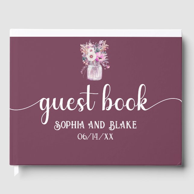 Libro De Visitas Borgoña Mason Jar con Boda de flores (Anverso)