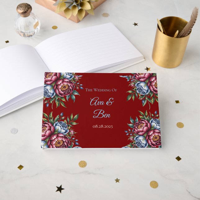 Libro De Visitas Borgoña Peony y Rosa azul Boda (Anverso Abierto)