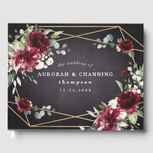 Libro De Visitas Borgoña Red Negro y Gold Floral Elegante Boda