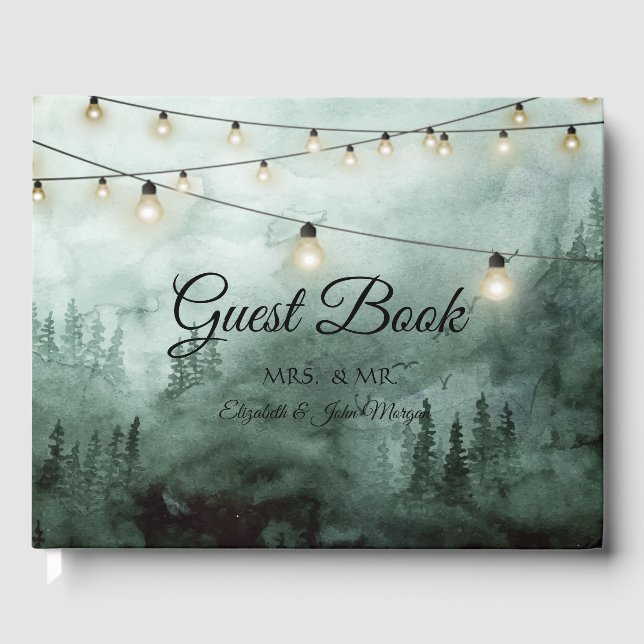 Libro De Visitas Bosque, Pinos Árboles, String Luces Boda Verde (Anverso)