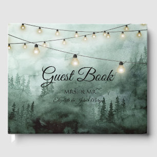 Libro De Visitas Bosque, pinos, luces de cuerda, boda verde