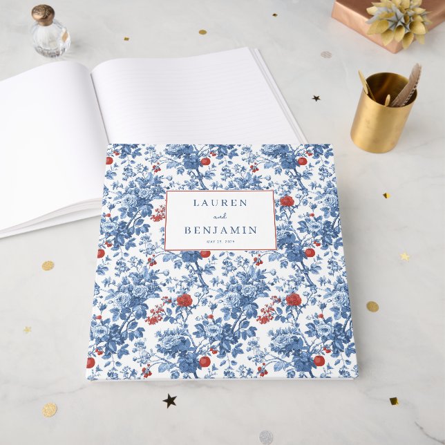 Libro De Visitas Botánico Floral Azul Elegante (Anverso Abierto)