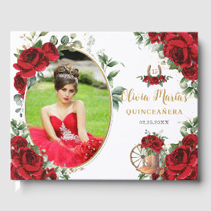 Libro De Visitas Botas Charro Florales de Rosas Rojas Quinceañera F