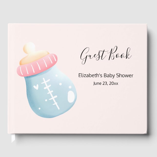 Libro De Visitas Botella de bebé azul y rosa lindo Baby Shower (Anverso)