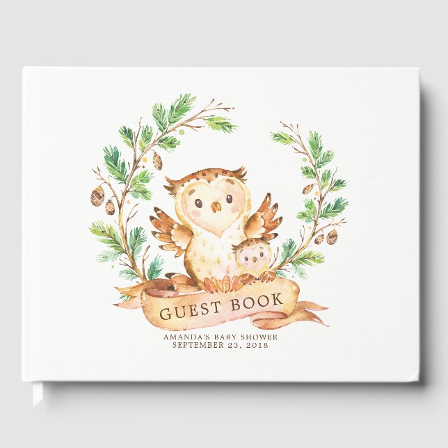Libro De Visitas Boys Woodland Owl Baby Shower Guest Book (Anverso)
