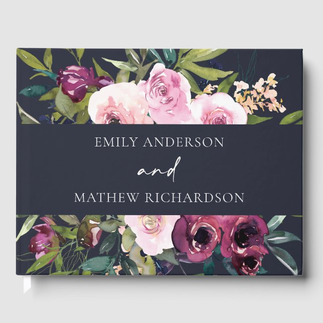 LIBRO DE VISITAS BRIGHT NAVY BLUSH BURGUNDY FLORAL BUNCH WEDDING (Anverso)