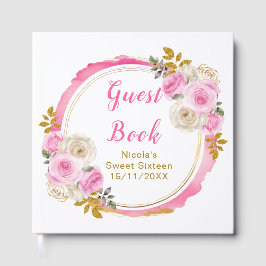 Libro De Visitas Bright Pink and Gold Elegant Flowers Sweet Sixteen