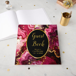 Libro De Visitas Bright Red and Gold Marble Agate Birthday Party