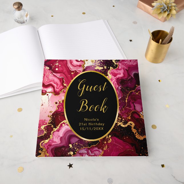 Libro De Visitas Bright Red and Gold Marble Agate Birthday Party (Anverso Abierto)