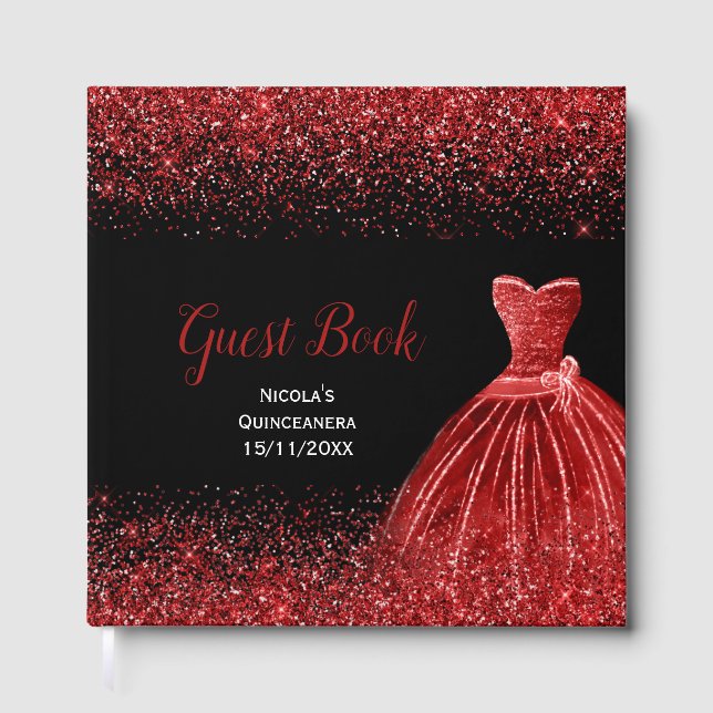 Libro De Visitas Bright Red Dress Faux Glitter Quinceanera (Anverso)