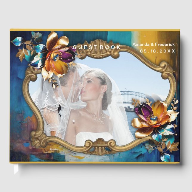 Libro De Visitas Bronce abstracto de estilo barroco dorado-azul (Anverso)