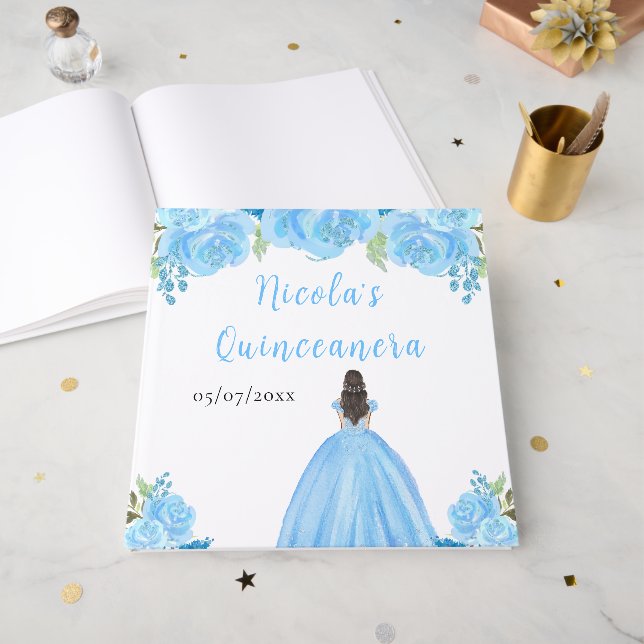 Libro De Visitas Brown Hair Princess Blue Quinceanera Guest Book (Anverso Abierto)