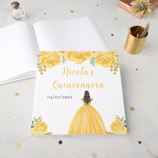 Libro De Visitas Brown Hair Princess Gold Quinceanera Guest Book (Anverso Abierto)