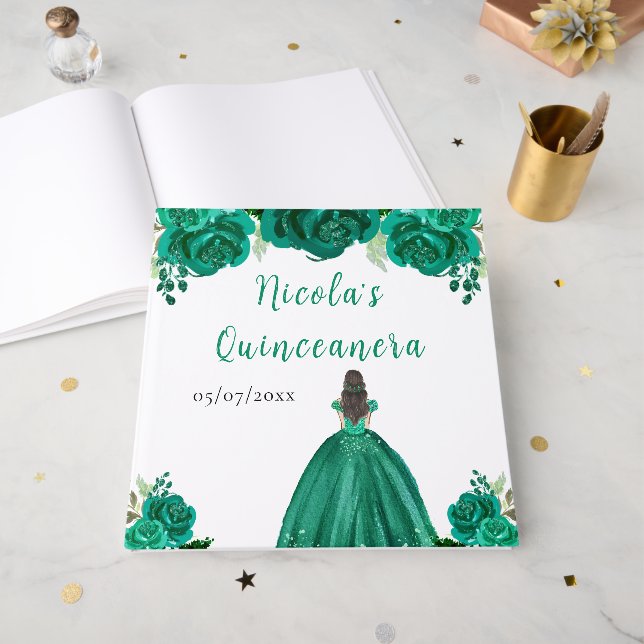 Libro De Visitas Brown Hair Princess Green Quinceanera Guest Book (Anverso Abierto)