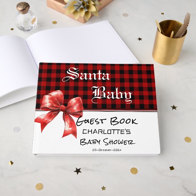 Libro De Visitas Buffalo Plaid Watercolor Bow Baby Shower (Anverso Abierto)