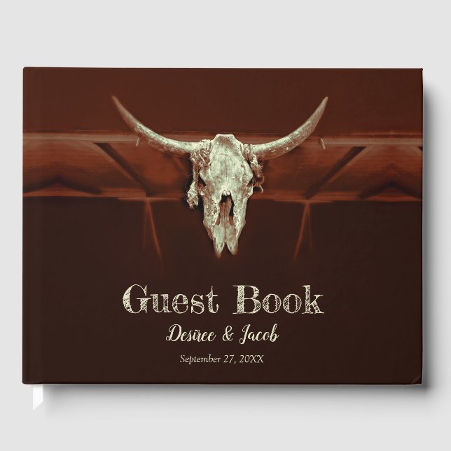 Libro De Visitas Bull Skull Boda Western Brown Rustic Country (Anverso)