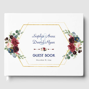 Libro De Visitas Burgundy Floral Gold Hexagon Frame Boda