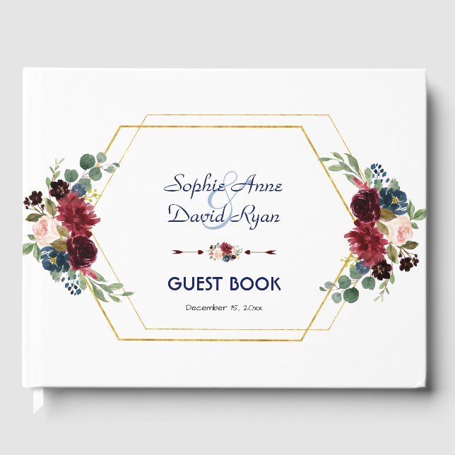 Libro De Visitas Burgundy Floral Gold Hexagon Frame Boda (Anverso)