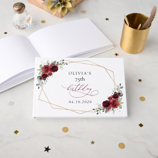 Libro De Visitas Burgundy Flowers, Red Flowers, Boho, Birthday (Anverso Abierto)