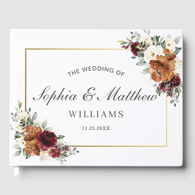 Libro De Visitas Burgundy Ivory Rust Orange Floral Greenery Wedding (Anverso)
