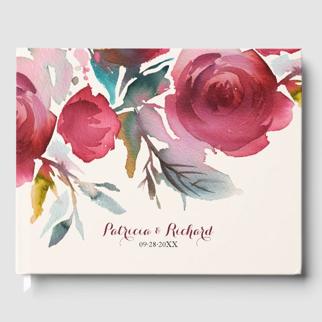 Libro De Visitas Burgundy Marsala Boho Boda romántico floral (Anverso)
