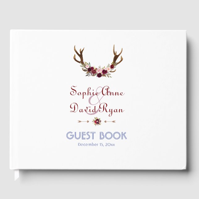 Libro De Visitas Burgundy Marsala Floral Antlers Boda (Anverso)