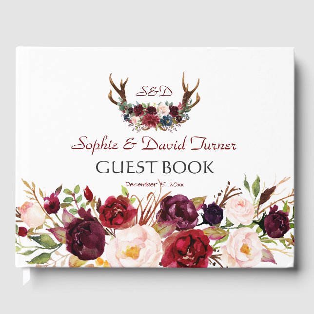 Libro De Visitas Burgundy Marsala Floral Antlers Monograma Boda (Anverso)