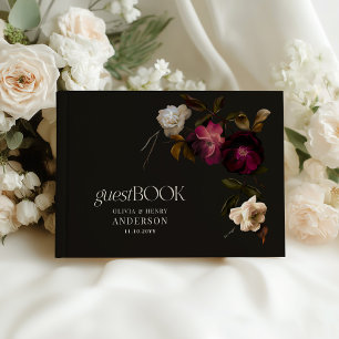 Libro De Visitas Burgundy Oscuro Floral Malhumorado Negro Elegante