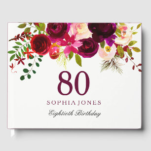 Libro De Visitas Burgundy Red Floral Boho 80 cumpleaños