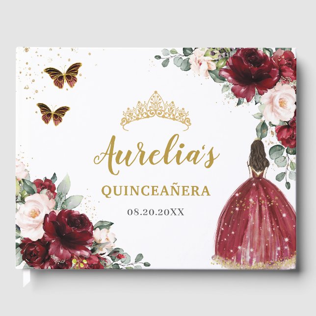 Libro De Visitas Burgundy Rubor Floral Princess Gold Quinceañera (Anverso)