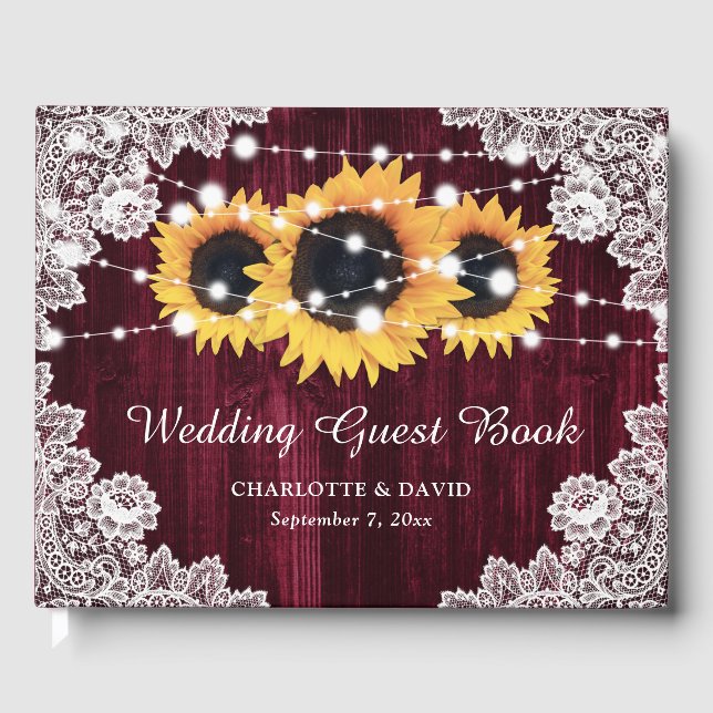 Libro De Visitas Burgundy Sunflower Rustic Wood Lace Boda (Anverso)