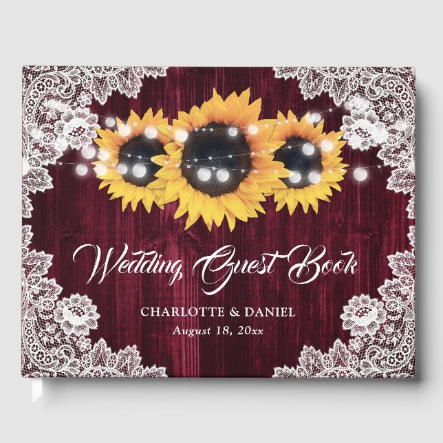 Libro De Visitas Burgundy Sunflower Wood Floral Lace Wedding (Anverso)