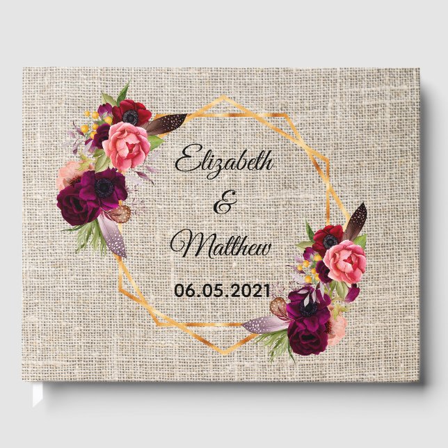 Libro De Visitas Burlap beige rubio burgundy boda (Anverso)
