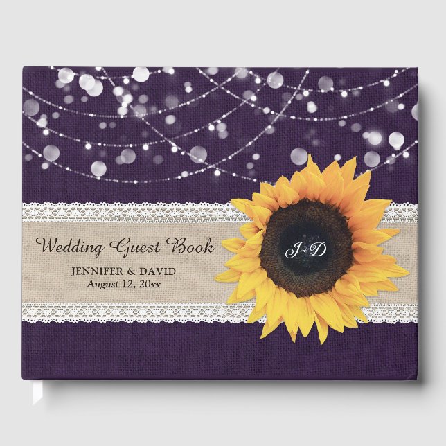 Libro De Visitas Burlap Lace Purple Sunflower Boda Guest Book (Anverso)