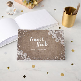 Libro De Visitas Burlap Lace purpurina de plata campo rústico Boda